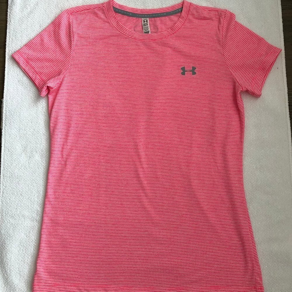 Under Armour Heat Gear Activewear Short Slv Crew Neck Stripe Top Pink Wht Sz XS